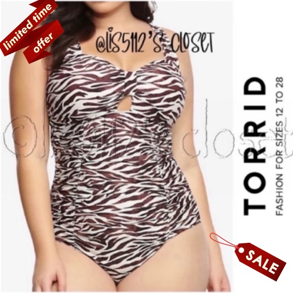 Torrid Brown Zebra Print Safari Peekaboo Halter One Piece Swimsuit 3X 22 24 - Picture 1 of 14